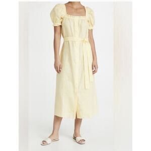 Sleeper Women's Butter Yellow Linen Button Front Self-Tie Brigitte Dress Small